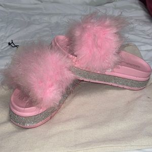 Azalea Wang pink faux fur slides